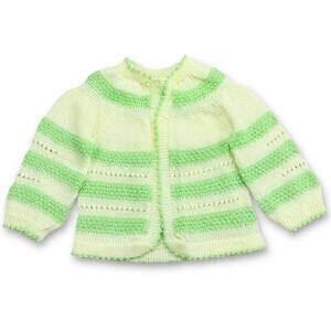 Vintage Handmade Pointelle Knit Mint Butter Yellow Stripe Cardigan Sweater 12-24